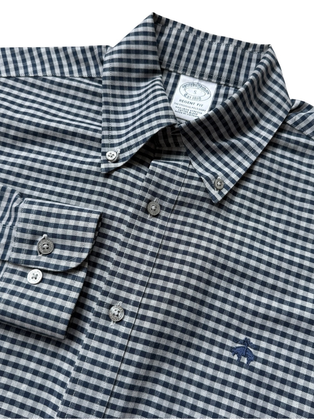 Brooks Brothers Regent Fit Gingham Button Down Shirt Navy Gray Stretch Cotton S